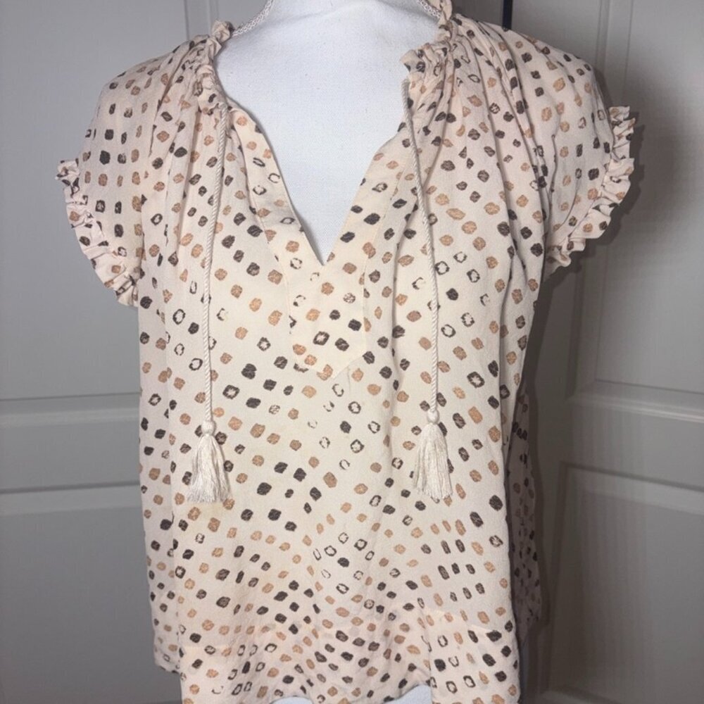 Ulla Johnson 100% Silk Tassle Blouse Beige Brown Spotted Ruffle Designer sz. 0